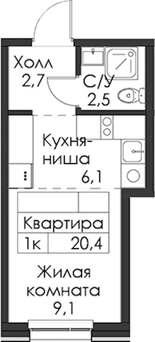 Квартира студия 20.4 м², 1/8 эт., ЖК «Шкиперский 19»